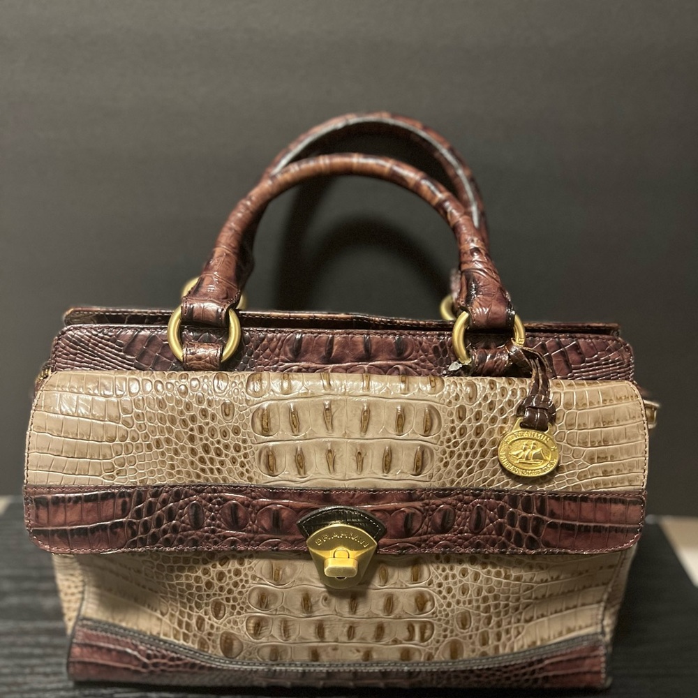 Brahmin Two-Tone Brown and Cream Croc Embossed Satchel